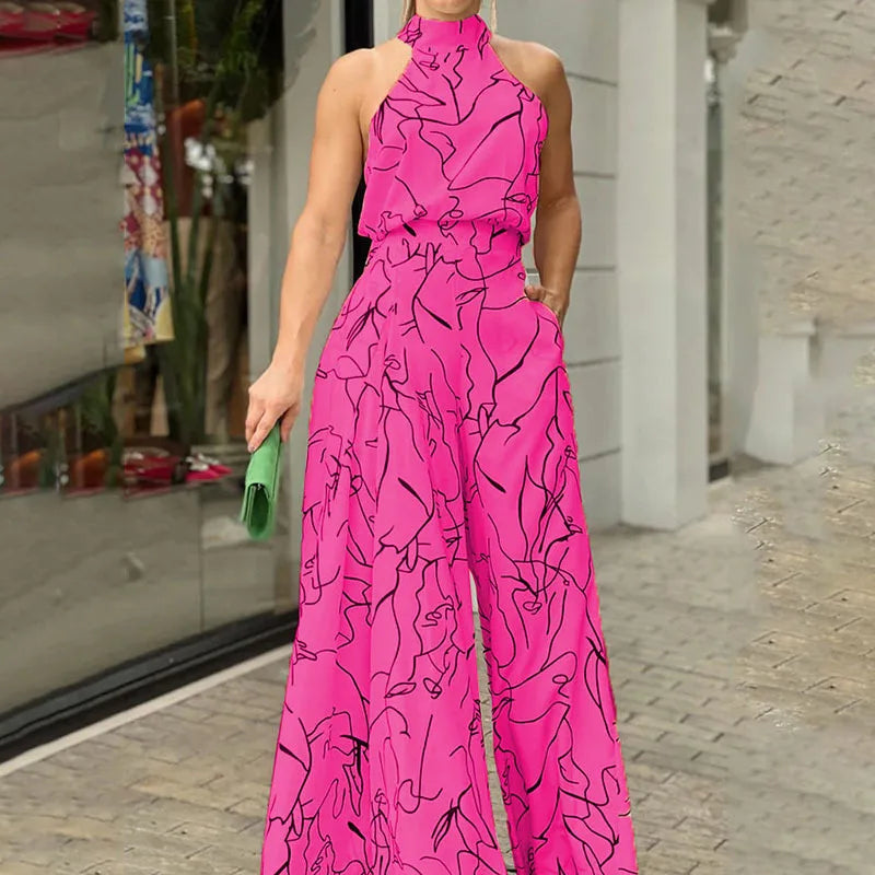Elegant printed halterneck leotard jumpsuit