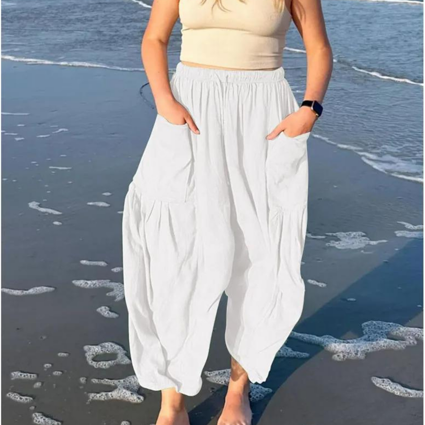 Wide-leg pants in cotton and linen with elastic waistband and pockets