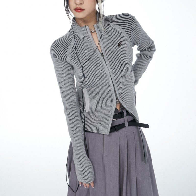 Cozy Karrcat classic | women's vintage rib knit cardigan with grunge embroidery and zipper