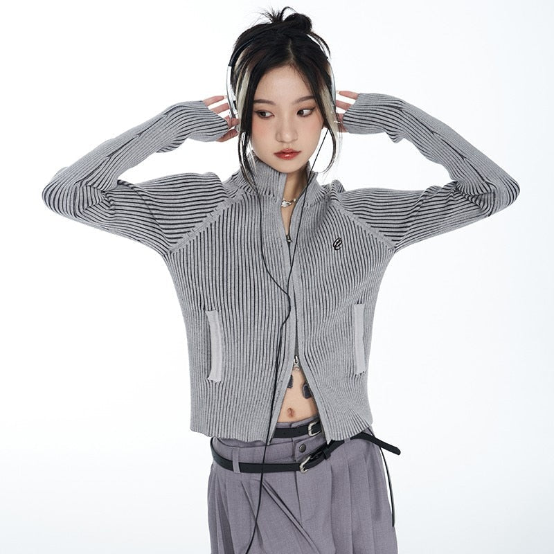 Cozy Karrcat classic | women's vintage rib knit cardigan with grunge embroidery and zipper