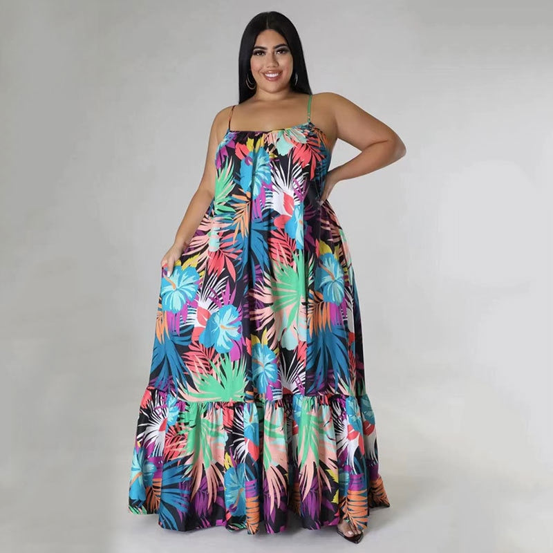 Colorful autumn dreams: plus-size maxi dress with spaghetti straps