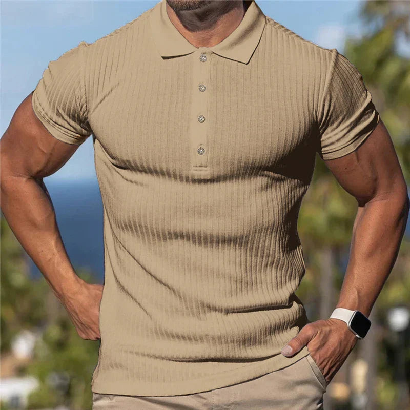 Men's Slim Fit Single Color Ribbed Breathable Polo Shirt
