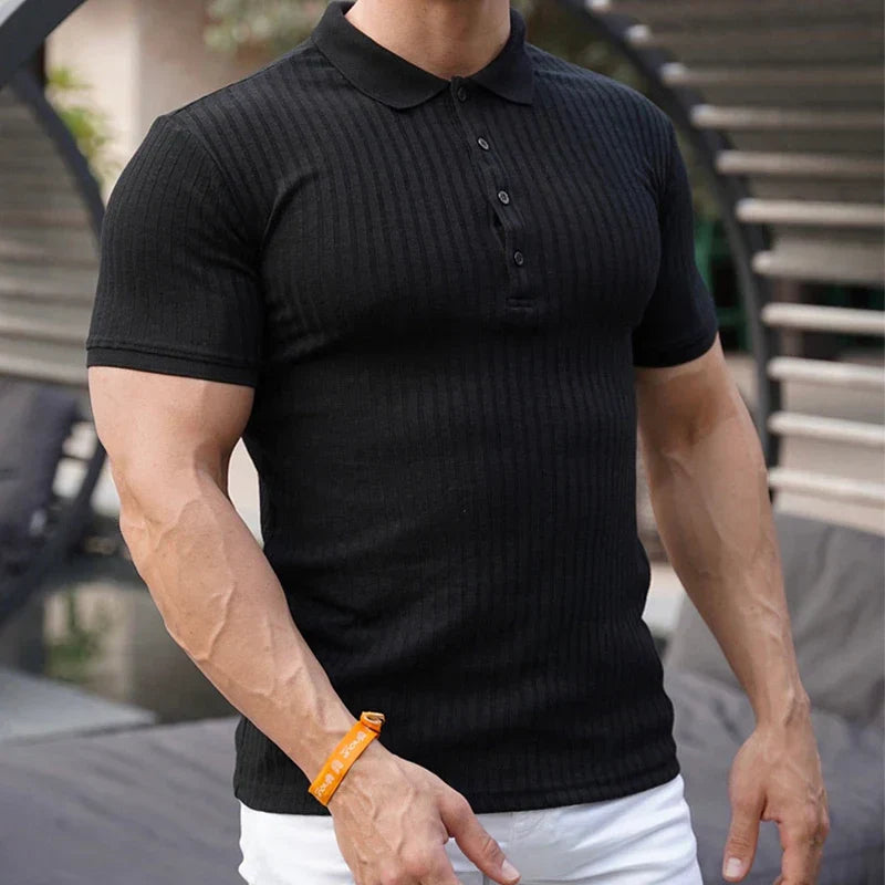 Men's Slim Fit Single Color Ribbed Breathable Polo Shirt