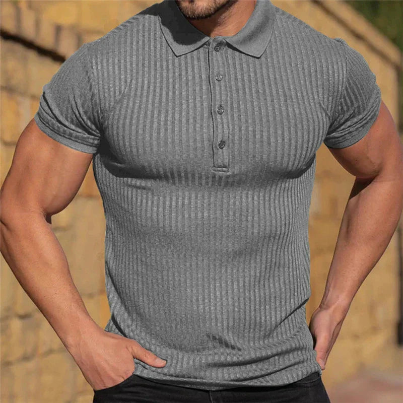 Men's Slim Fit Single Color Ribbed Breathable Polo Shirt