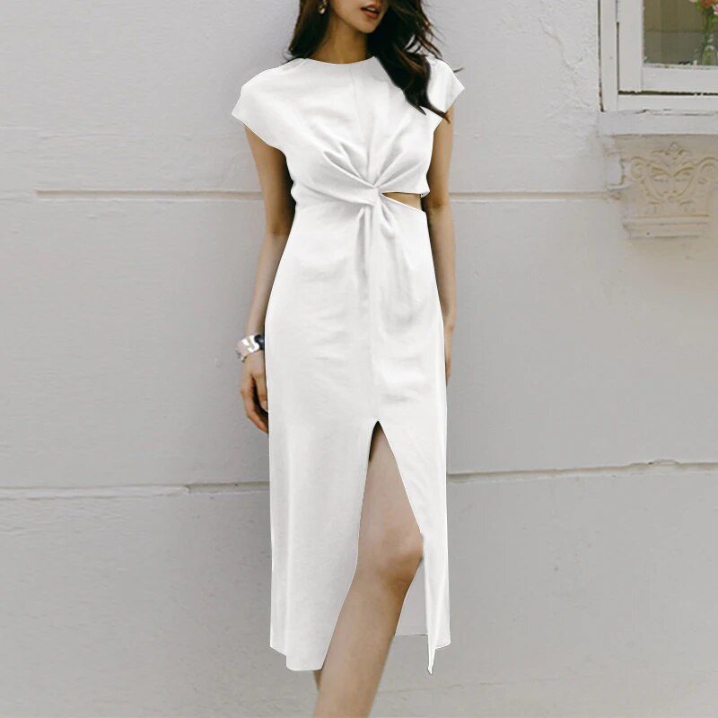 Women's midi dress with short sleeves and slits