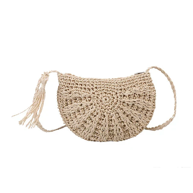Bohemian handwoven half-round straw crossbody bag