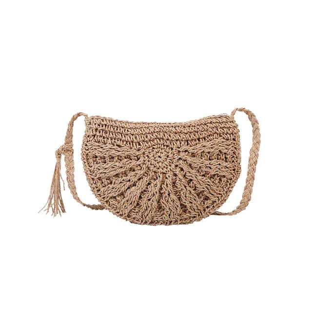 Bohemian handwoven half-round straw crossbody bag