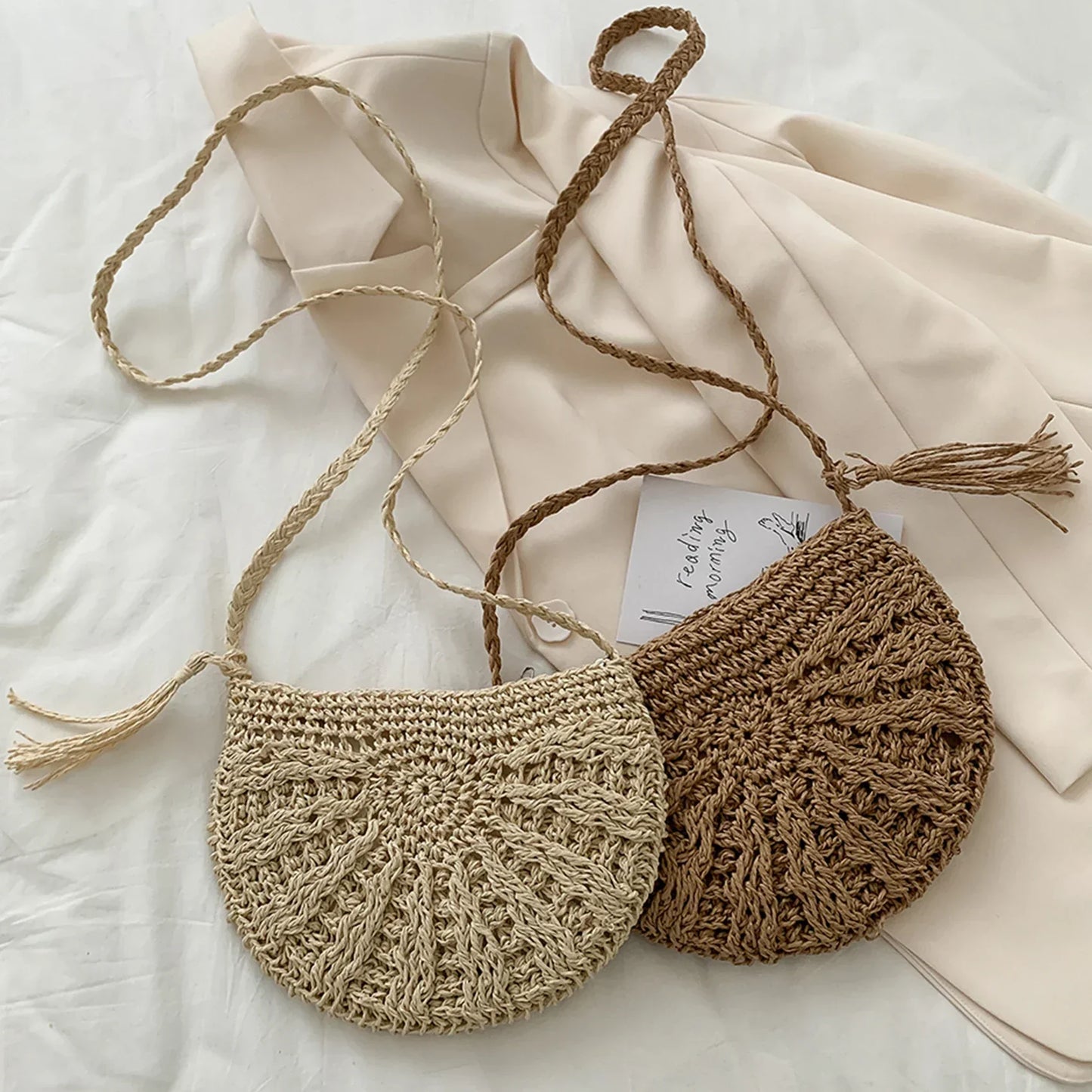 Bohemian handwoven half-round straw crossbody bag
