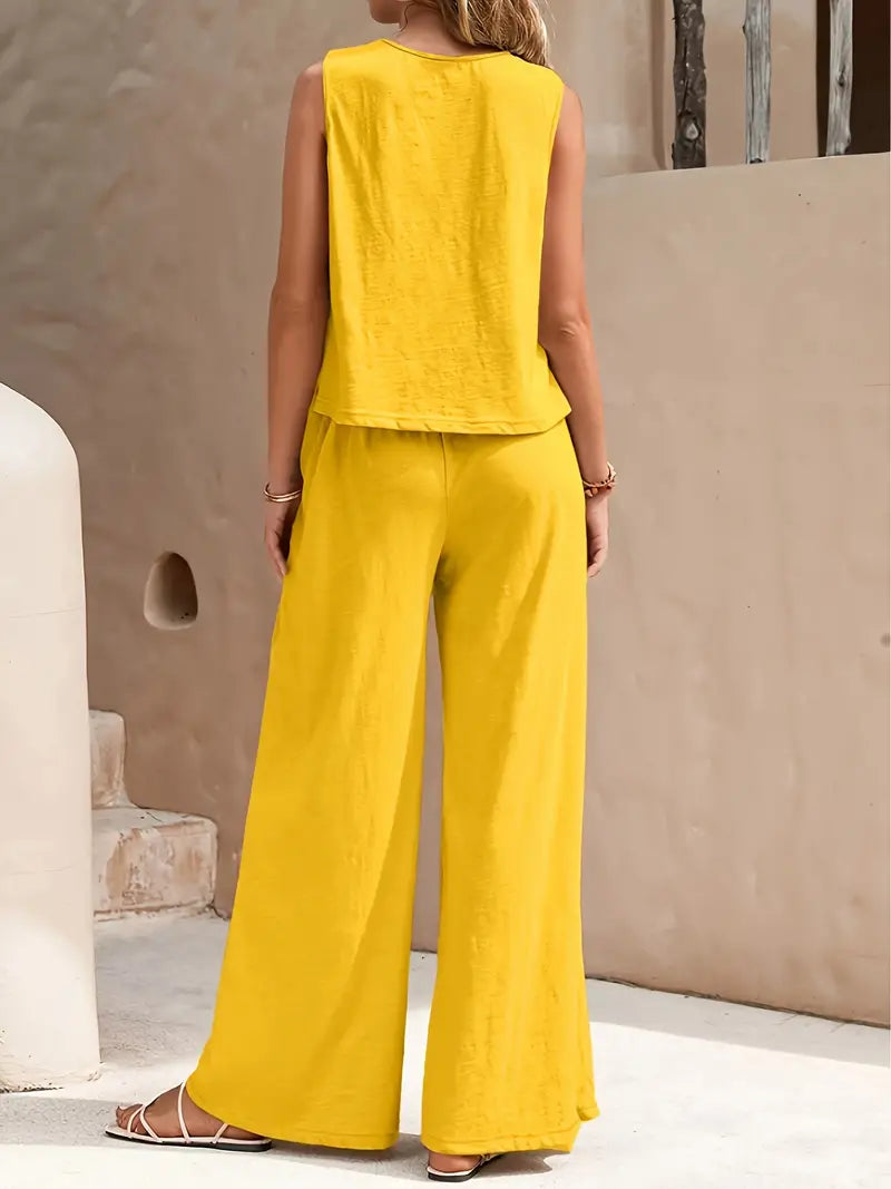 Sleeveless tank top and wide-leg pants