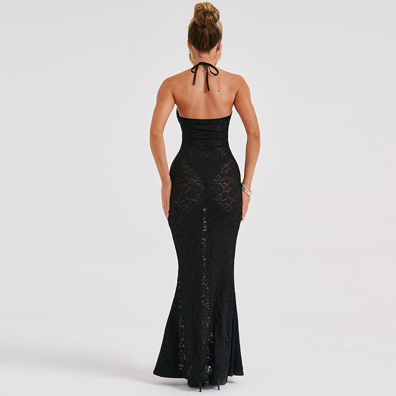 V-neck bust turn-up Halter seams Lace dress