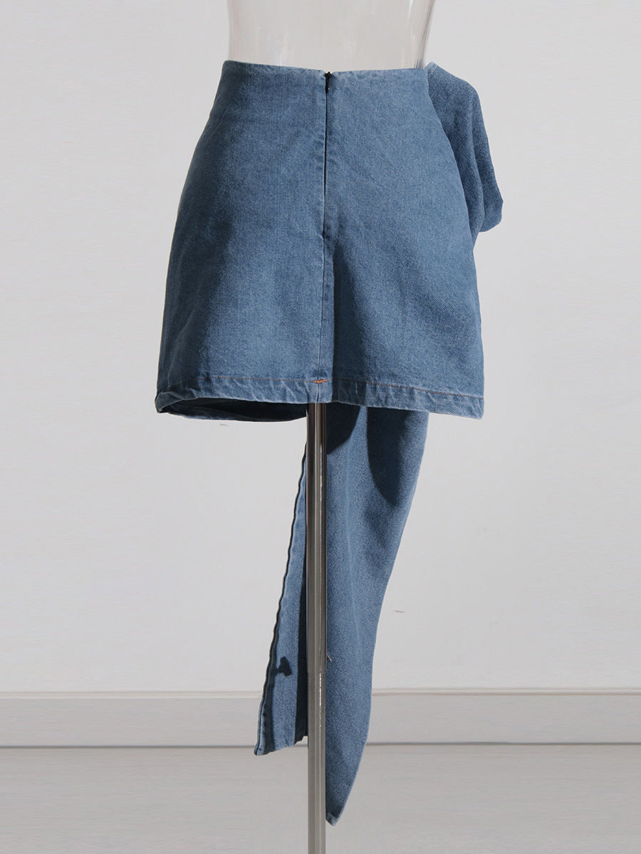 Ladies retro blue rose flower denim skirt