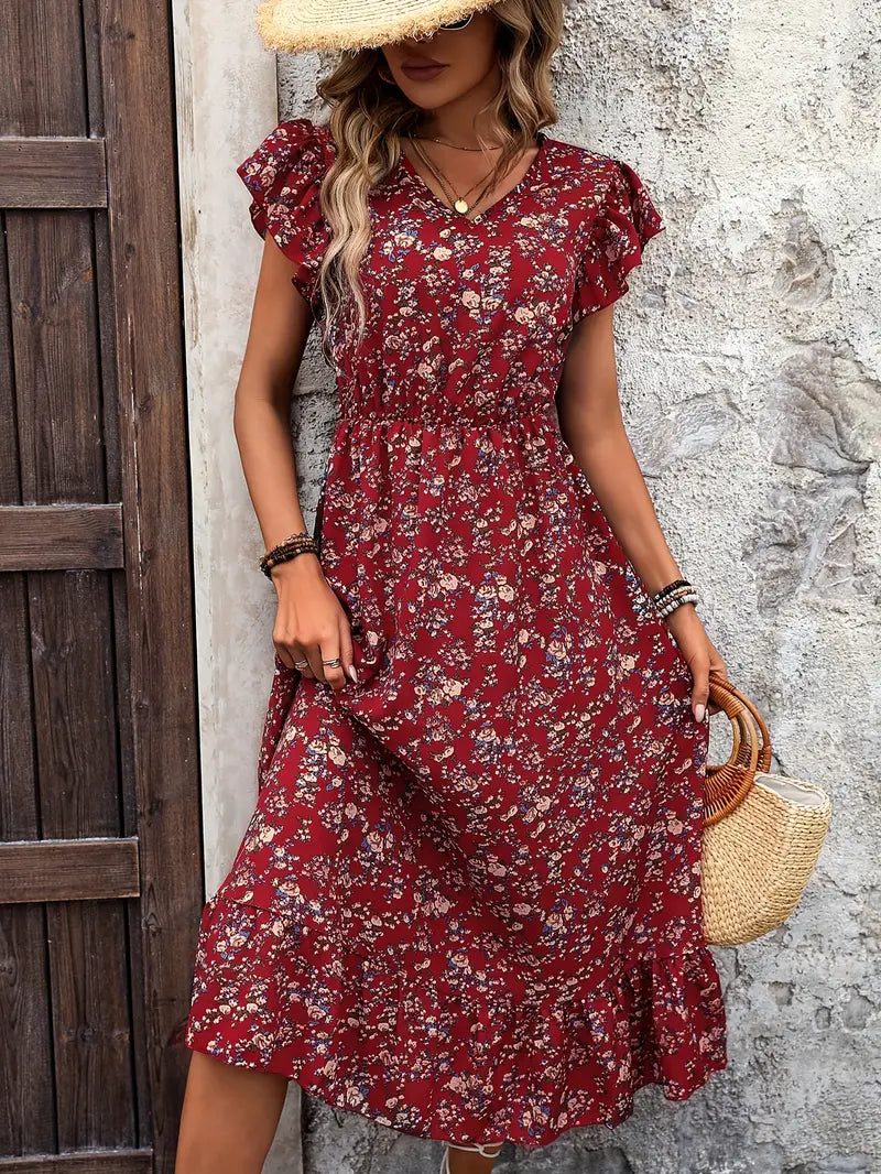 Floral dress with V-neckline and elegant ruffled sleeves