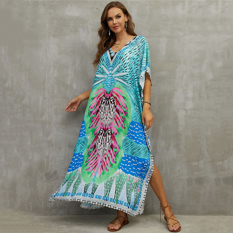 Glamorous printed beach blouse V-neck dress