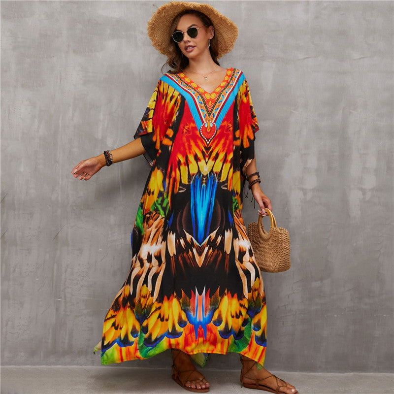 Glamorous printed beach blouse V-neck dress