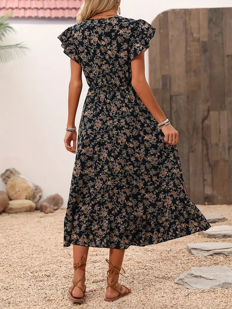 Floral dress with V-neckline and elegant ruffled sleeves
