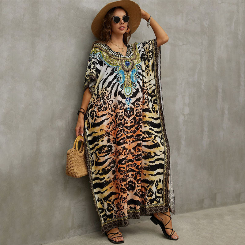 Glamorous printed beach blouse V-neck dress
