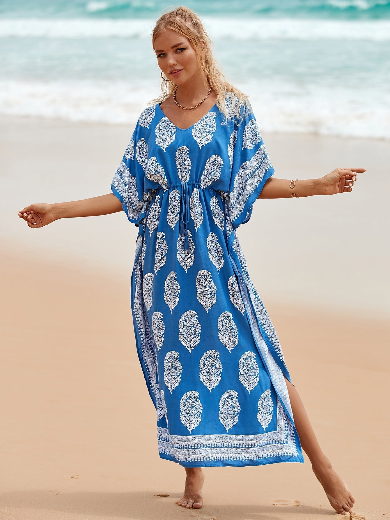 Stylish vacation sun protection positioning print beach cover-up