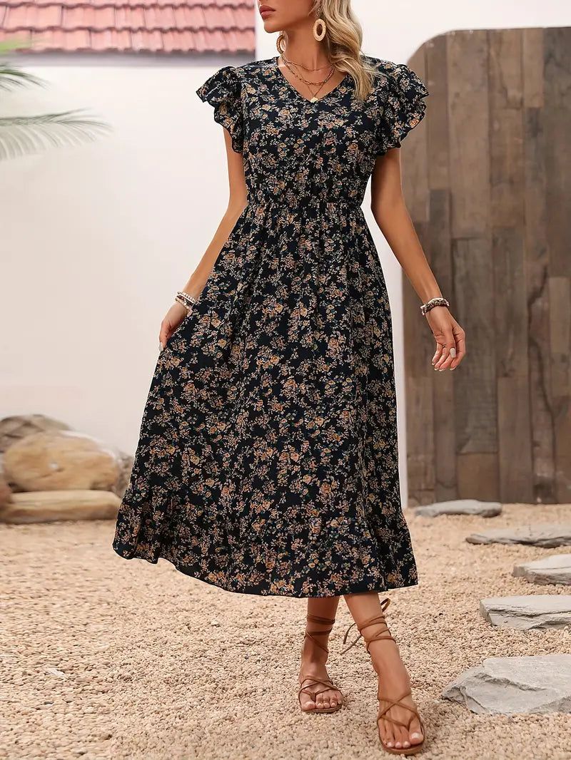 Floral dress with V-neckline and elegant ruffled sleeves