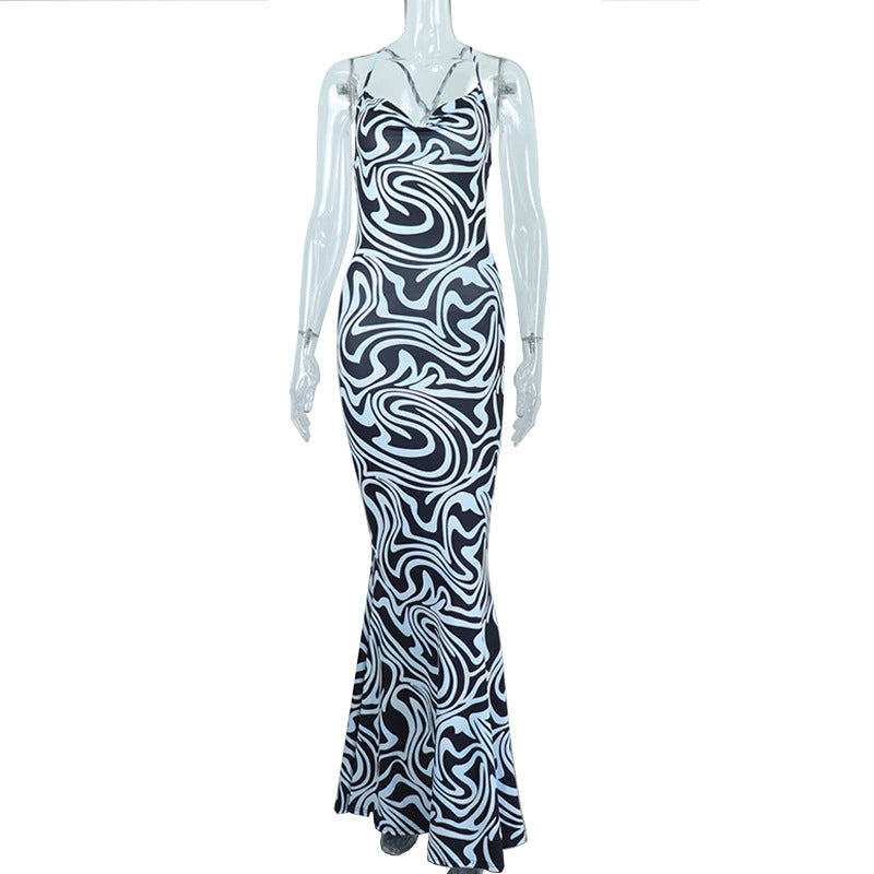 High-end digital print swing collar long suspender dress