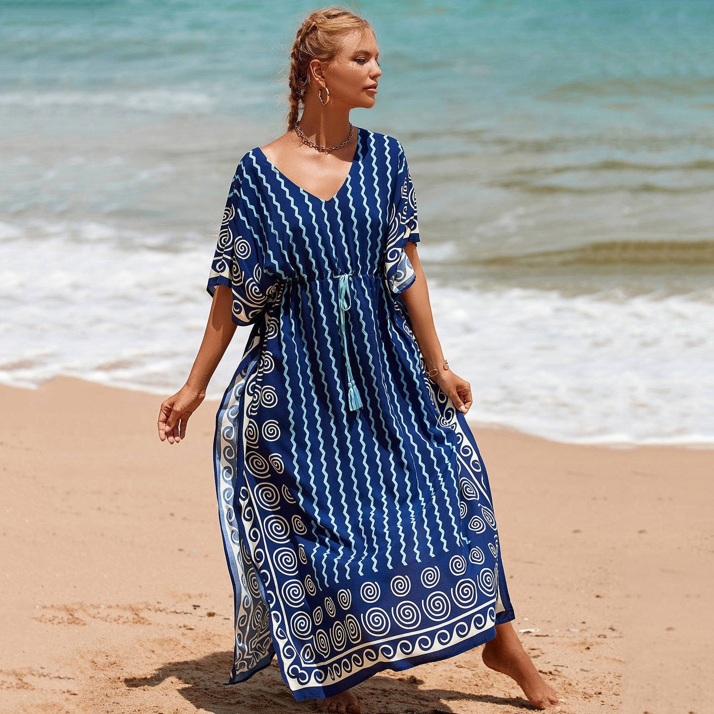 Stylish vacation sun protection positioning print beach cover-up