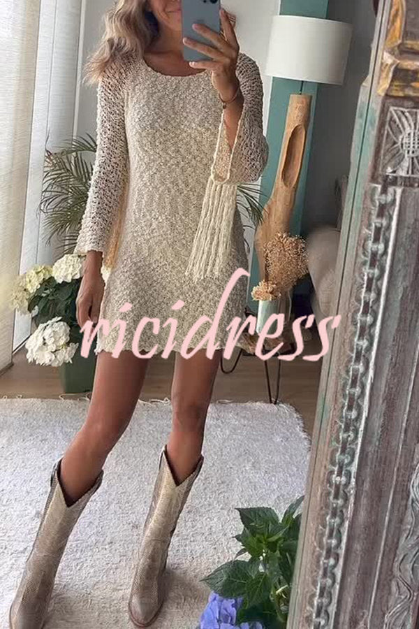 Romance mini dress with knitted texture, hollowed-out sleeves and tassels