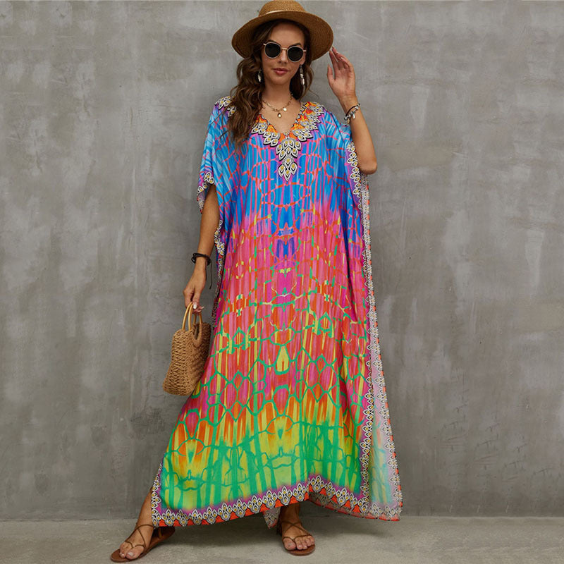 Glamorous printed beach blouse V-neck dress