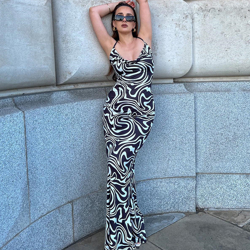 High-end digital print swing collar long suspender dress