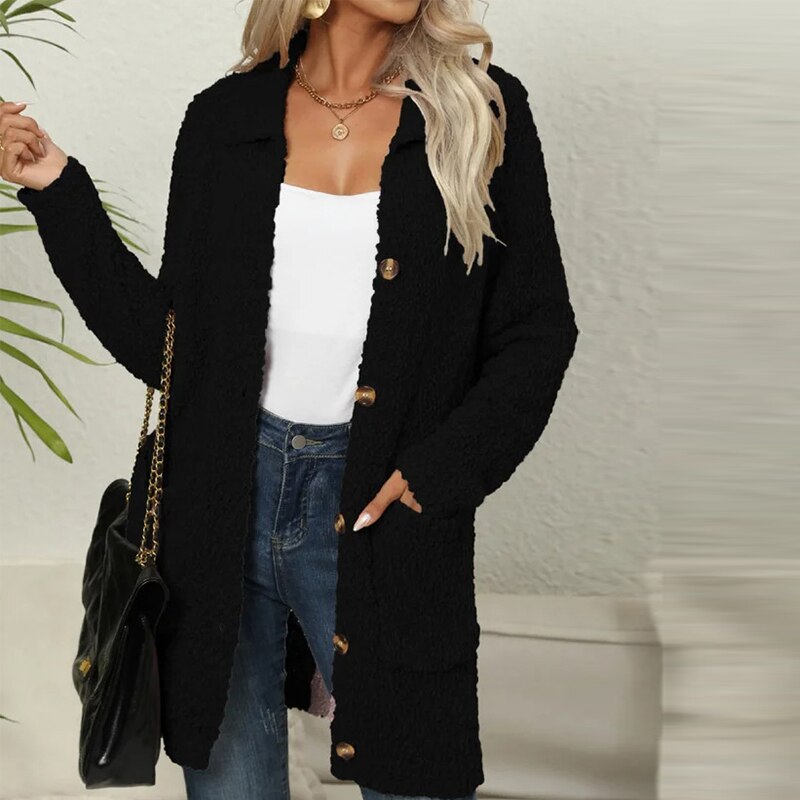 Long cardigan made from soft teddy bear with pockets