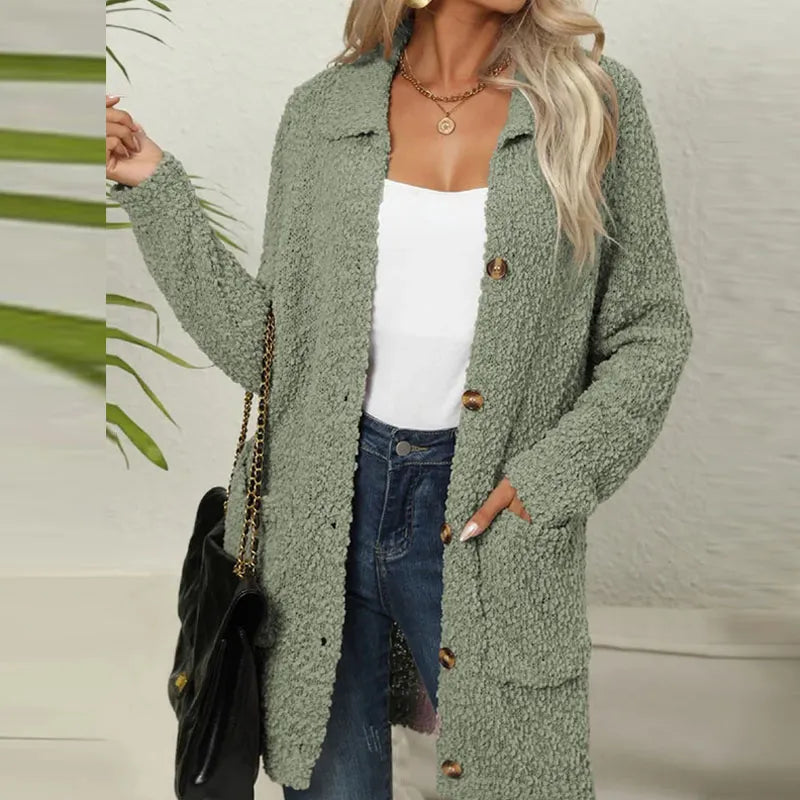 Long cardigan made from soft teddy bear with pockets