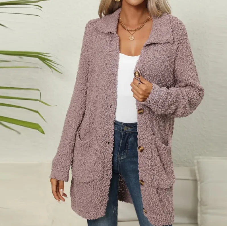 Long cardigan made from soft teddy bear with pockets