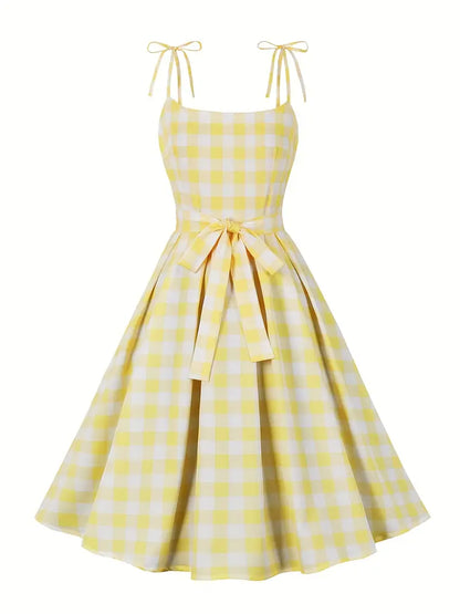 Yellow spaghetti strap dress with check pattern