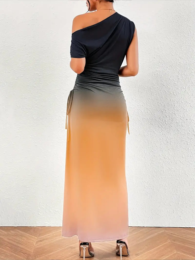 Elegant one-shoulder dress with ruffles in ombre color blocks