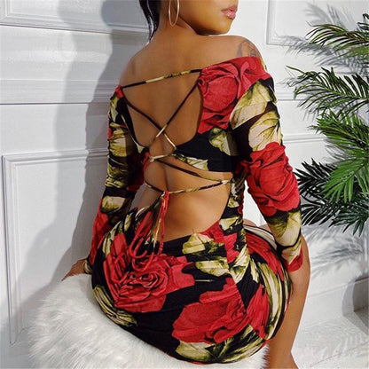 Graceful Rose print backless dress