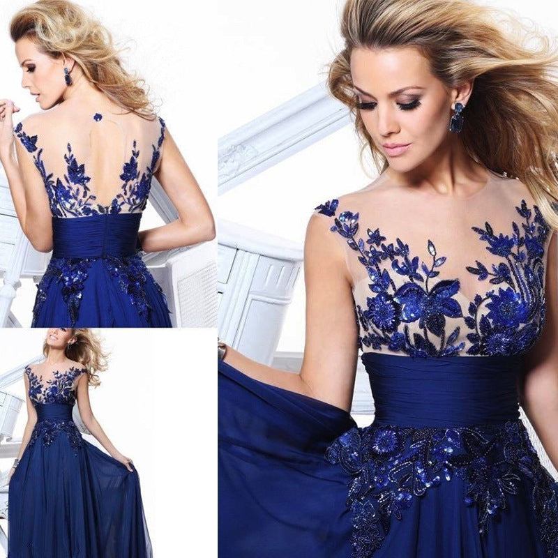 Polished blue lace flower mirror backless wedding dress