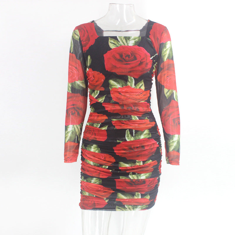 Graceful Rose print backless dress