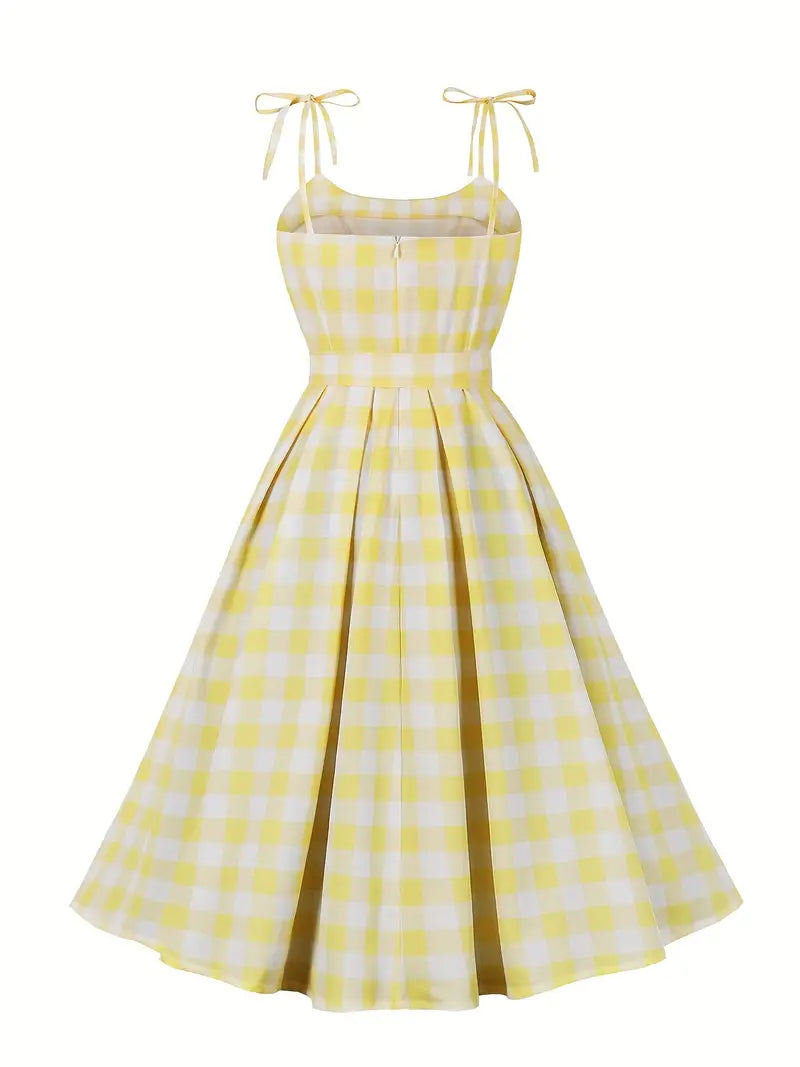 Yellow spaghetti strap dress with check pattern