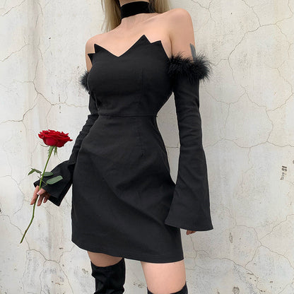 Fashionable black off-the-shoulder fur top dress