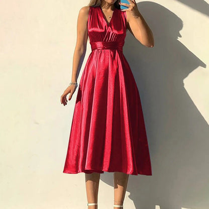 Mint red sleeveless maxi dress in satin