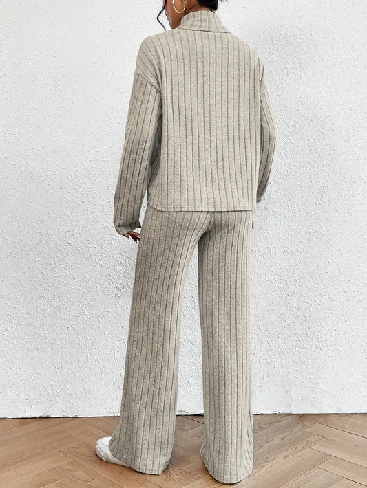 2-piece set | Elegant ribbed women's suit with turtleneck sweater and matching trousers