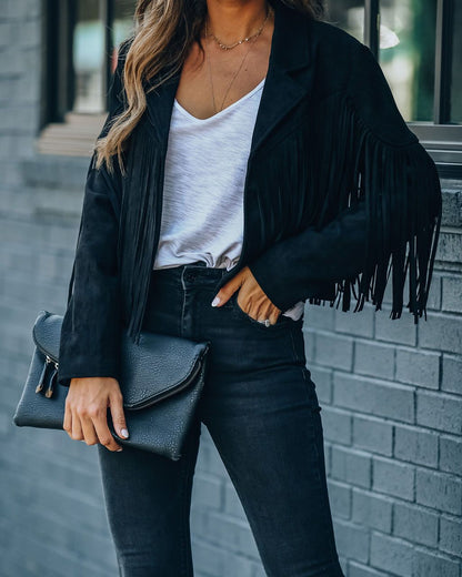 Youthful suede jacket trend - fringed cardigan with tassel hem, e-girl biker jacket, 90s vintage streetwear, cool design