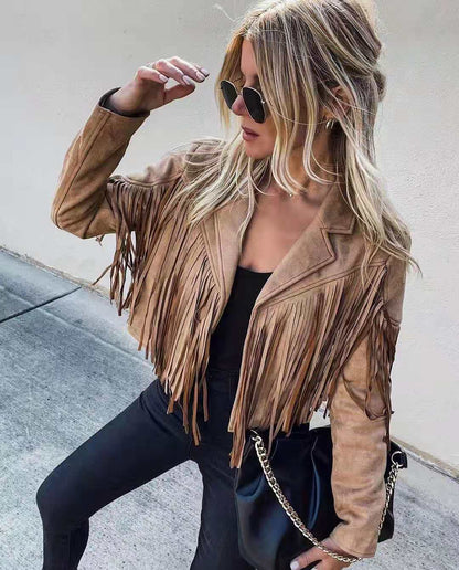 Youthful suede jacket trend - fringed cardigan with tassel hem, e-girl biker jacket, 90s vintage streetwear, cool design