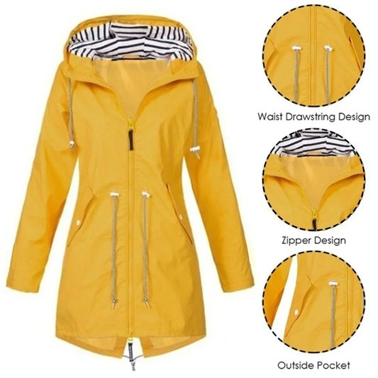 Women's waterproof hoodie trench coat with drawstring waist, zipper and outer pockets