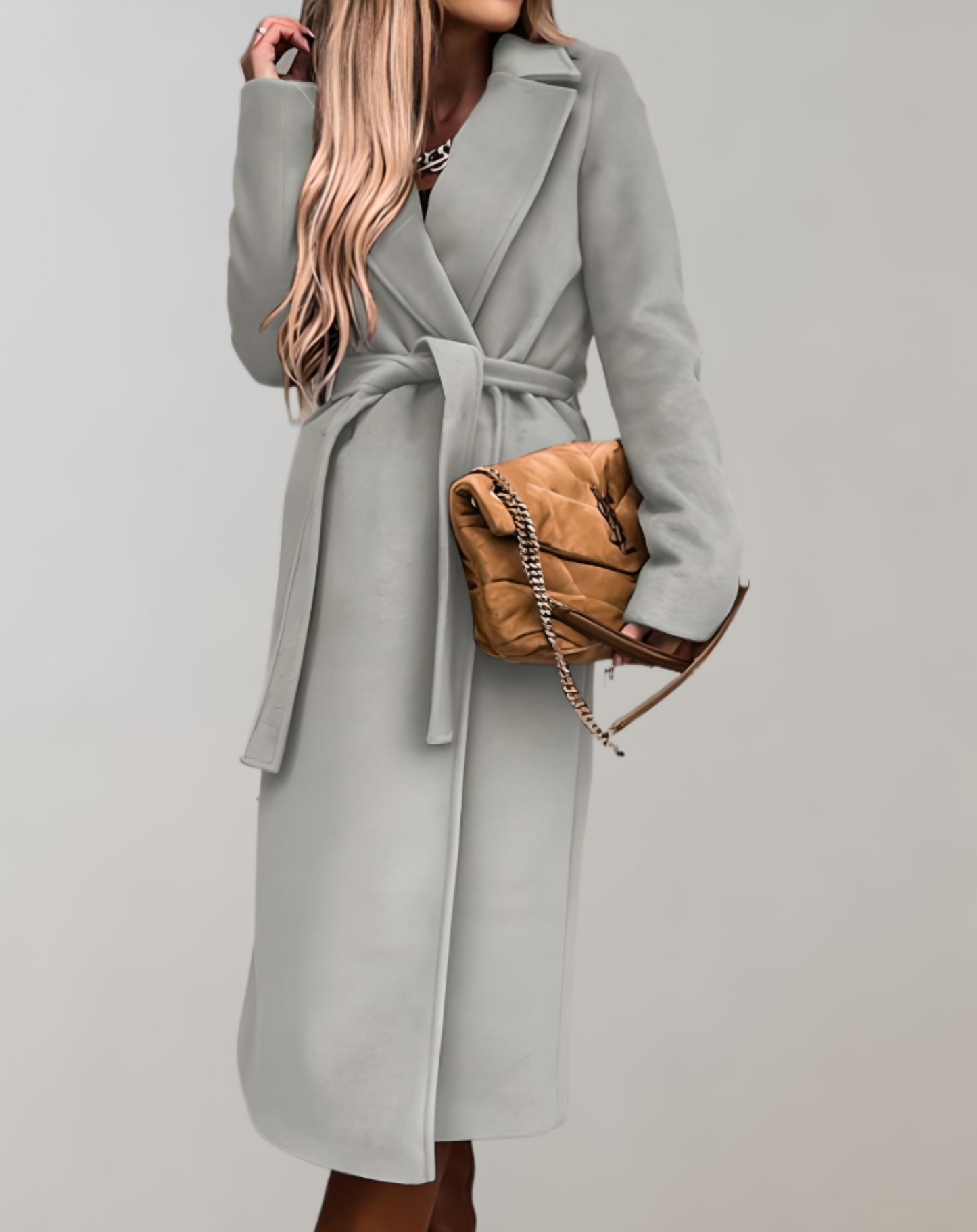 Long fall jacket for women with belted jacket