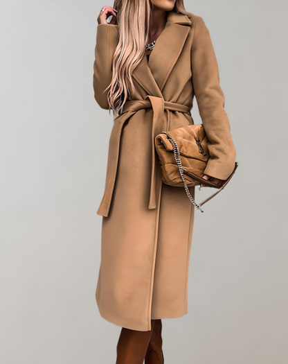 Long fall jacket for women with belted jacket