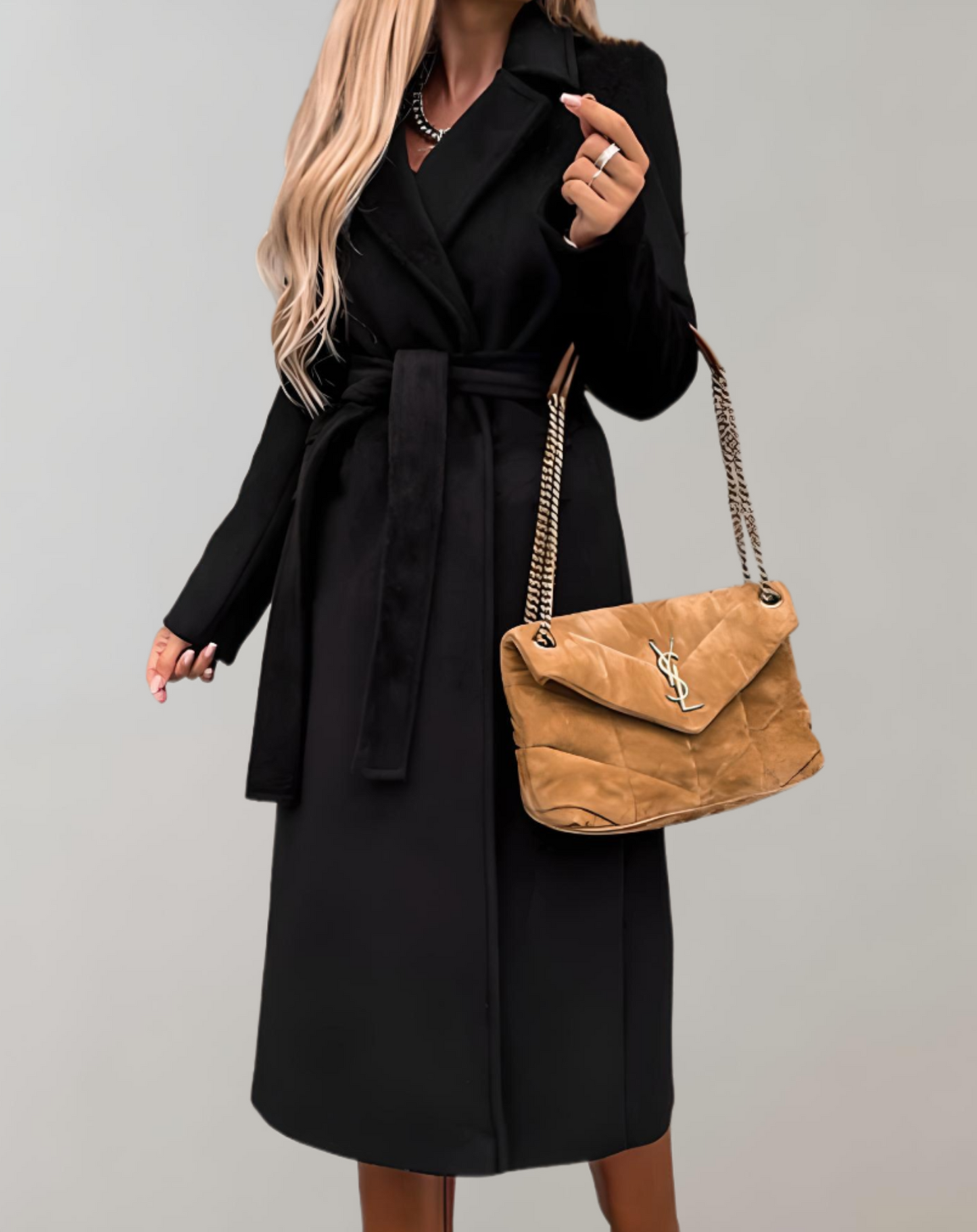 Long fall jacket for women with belted jacket