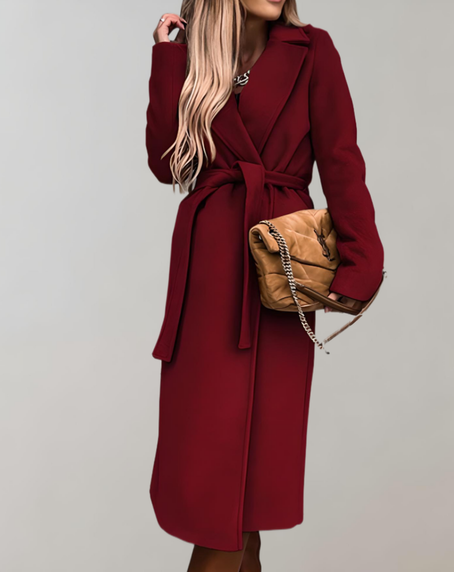 Long fall jacket for women with belted jacket