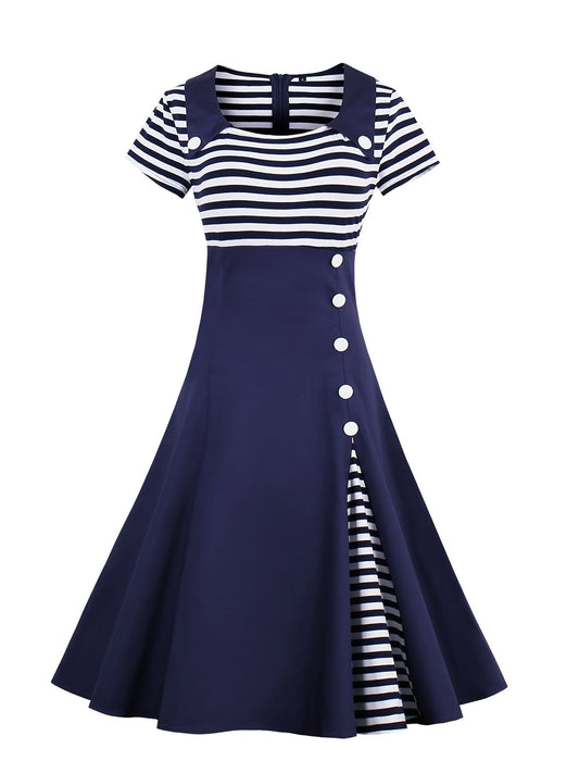 A-line dress with striped pattern and decorative buttons