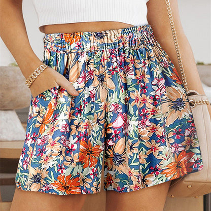 Women's floral casual pants pleated straight shorts