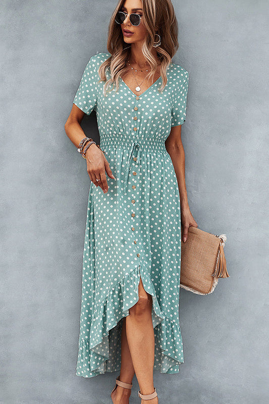 Dot pattern dress with high waist and V-neckline