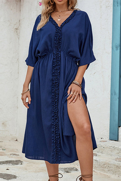 Single-colored casual dress with V-neckline